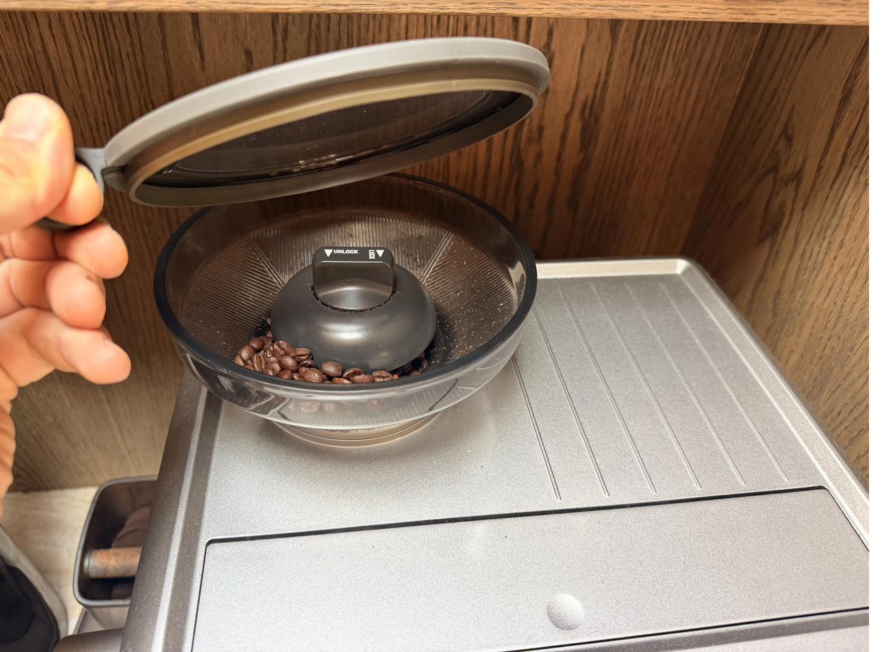 Top lid open to add coffee beans